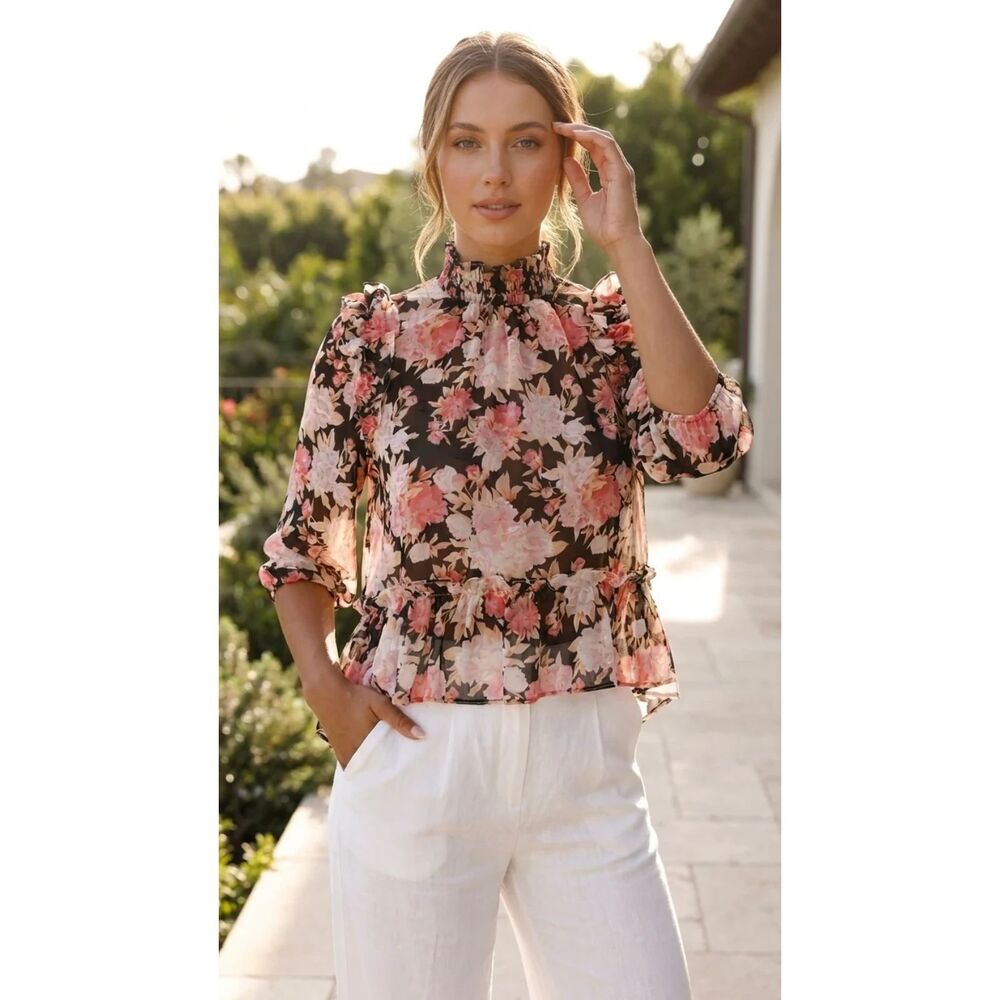Hi Low Long Sleeve Blouse Floral Chiffon Top